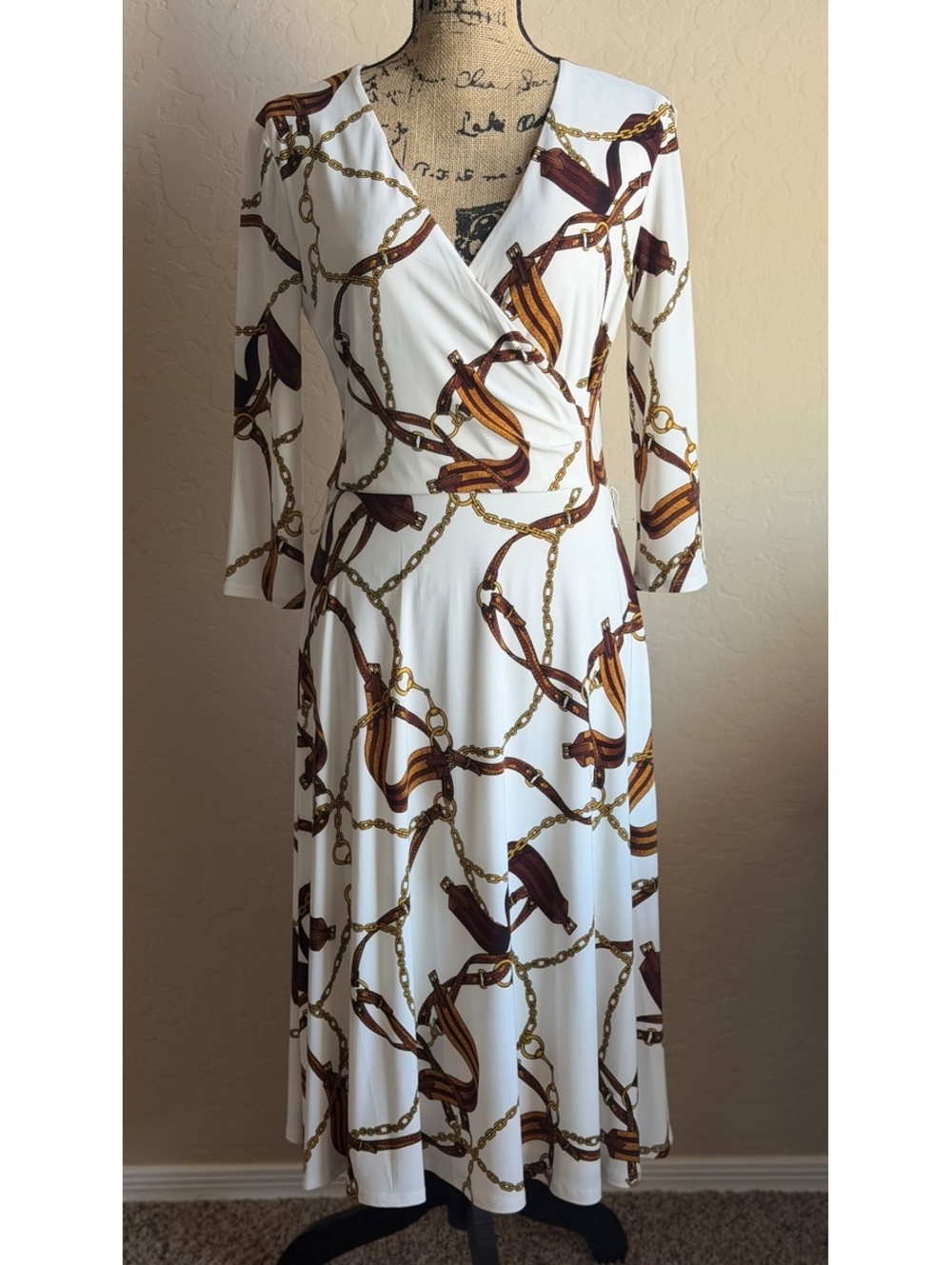 Lauren Ralph Lauren Size 4 Equestrian Bridle Chain Print Wrap Maxi Dress